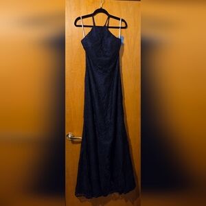 Bari Jay Navy Lace Halter Maxi Dress